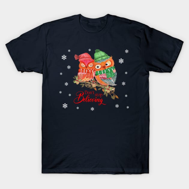 Don't stop believing christmas owls in watercolor T-Shirt by LatiendadeAryam